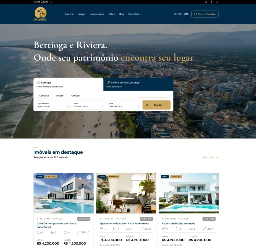Página inicial de um site personalizado V8 com busca de imóveis em destaque