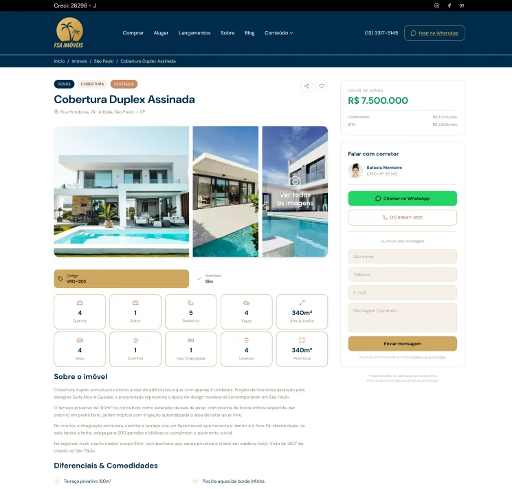Página de um imóvel com galeria de fotos e contato com o corretor